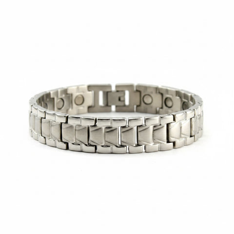 A silver-toned magnetic link bracelet shown on a plain white background.