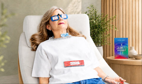 A woman reclining in a white lounge chair wearing blue 3D glasses and a white shirt with a red rectangular patch, next to a book titled 'The Power of the Magnet' on a wooden side table.