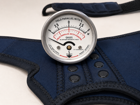 Gauge on a blue Magnetic_Neo-Ankle_brace with a white background