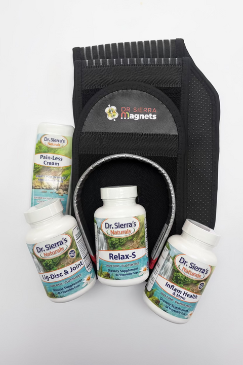 A Dr. Sierra's Health products magnetic therapy kit including a black magnetic pad, three white supplement bottles (Cushion, Relax-S, and Inflammation Relief), and a tube of Pain Less Cream, arranged on a white background.