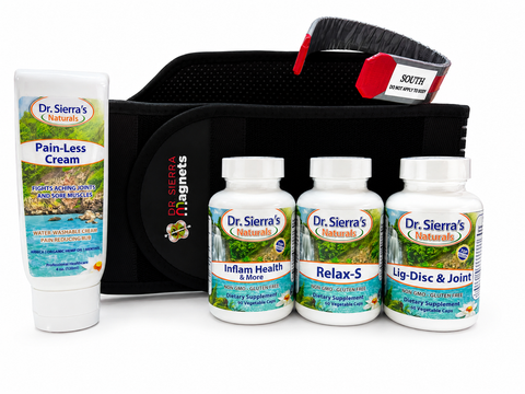 A Dr. Sierra Naturals self-care relief kit on a white background, including a black magnetic wrap, a tube of Pain-Less Cream, and three bottles of supplements: Inflamm Health & Motion, Relax-S, and Lig-Disc & Joint.