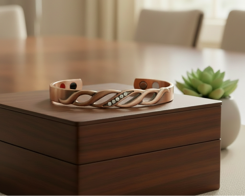 Copper Bracelet with Visible Ions on Jewelry Box
