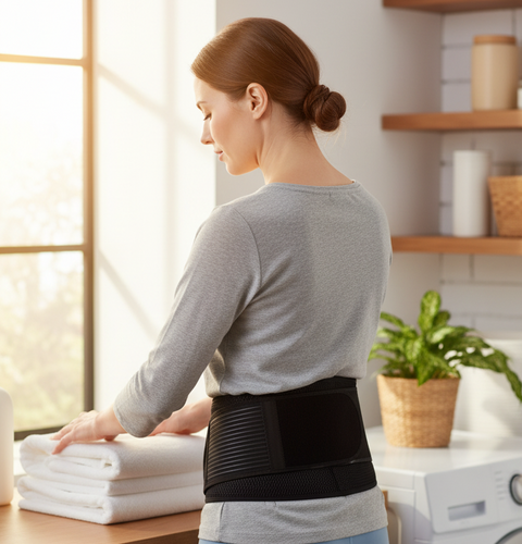 Person Wearing Magnetic Back Belt During House Chores