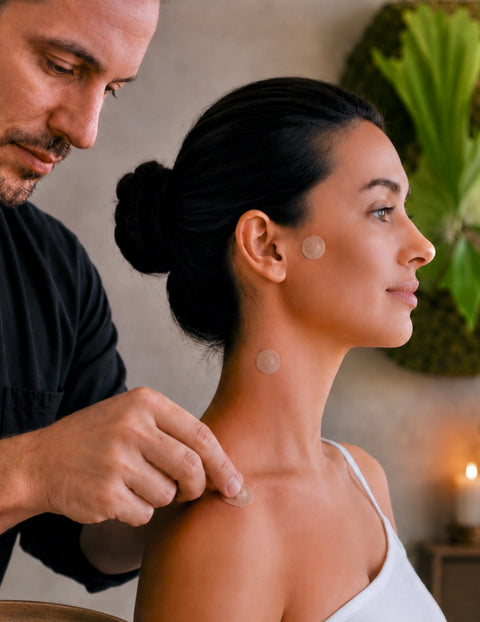 Man applying pants to a woman's neck and shoulders in a calm setting.