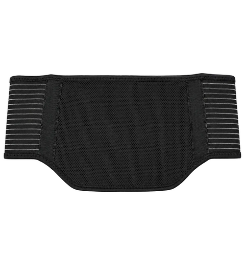 A black waist trainer belt with a textured mesh center and striped elastic side panels, shown flat against a white background.
