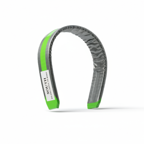 Gray and green neckband with 'South' branding on a white background