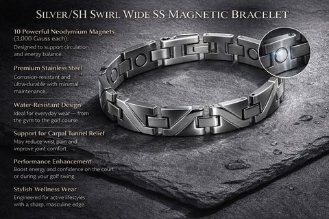 Silver magnetic bracelet on a dark stone surface with product details.