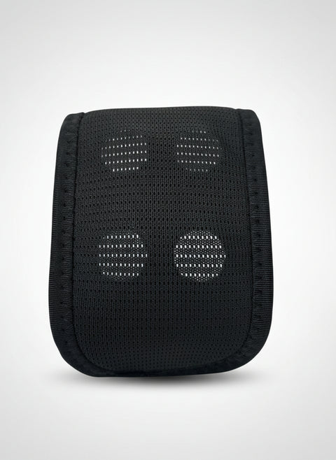 4 magnets behind Black mesh pouch of a wrist band on a white background