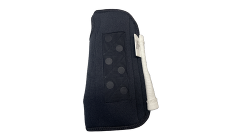 Black Wrist support showing 6 magnets with white cotton on a white background