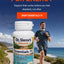 Dr. Sierra's Naturals Essentials 75 overlaid on a beach path scene with a running man, plus large promotional text reading 'YOUR DAILY FOUNDATION FOR ENERGY' and 'SHOP ESSENTIALS 75'.