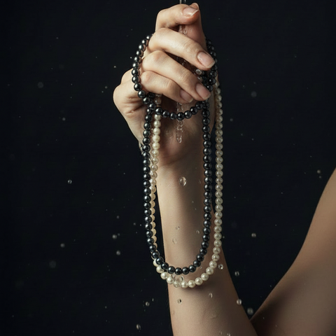 Hand Holding Separate Black & White Pearl Necklaces with Water