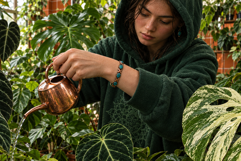 Joven regando plantas con pulsera de turquesa en primer plano