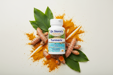 Turmeric Curcumin bottle surrounded by fresh turmeric root and powder